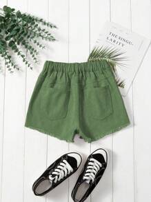 Tween Girl Daily Boho Casual Ripped Raw Hem Elastic Waist Denim Shorts - Green - View 2