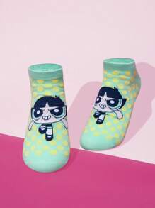 THE POWERPUFF GIRLS X SHEIN 1双女士舒适波尔卡圆点毛茛图案踝袜 - 彩色 - 查看 3