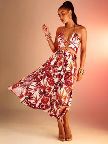 Hauture 夏季度假热带印花镂空露背吊带连衣裙 - 彩色 - 查看 4