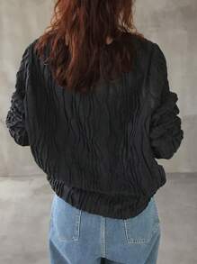 FRIFUL 女式白色宽松圆领衬衫，纹理面料休闲上衣长袖上衣 - 黑色 - 查看 6