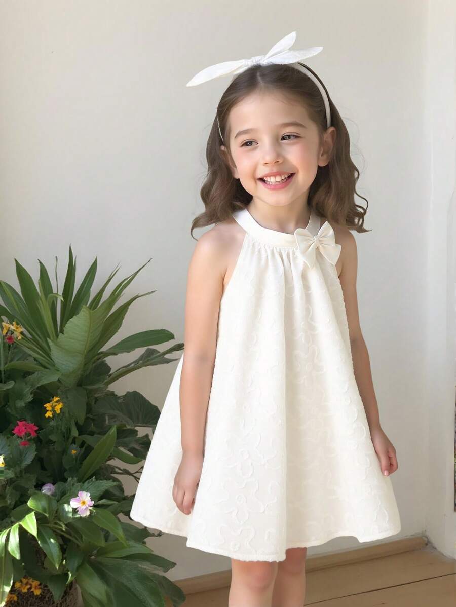 Elladie kids 年轻女孩优雅淑女花卉荷叶边露肩领带无袖连衣裙,适合甜美女孩在夏季参加婚礼和派对时穿着 - 白色 - 查看 1