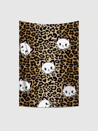 Kawaii 1 Stück Wandteppich mit Leoparden-Muster und niedlicher Katze, geeignet für Wohnzimmer und Schlafzimmer