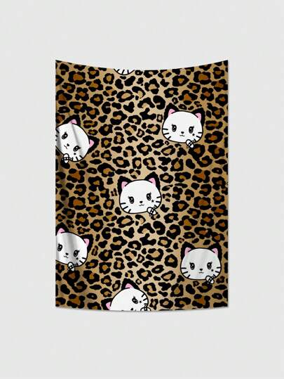 Kawaii 1pc Leopard Print Background With Lovely Cat Pattern Tapestry, Suitable For Living Room And Bedroom