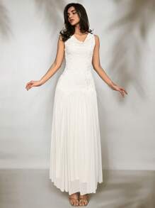 Aloruh Vestido súper largo con cuello de volantes, bordado y malla plisada, romántico para mujeres, perfecto para bodas y vacaciones, primavera/verano