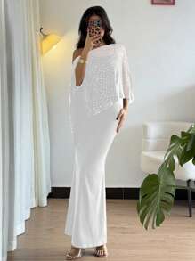 Chiquease 2 件套女士波尔卡圆点网眼不对称领口上衣和修身优雅美人鱼下摆吊带背心连衣裙 - 白色 - 查看 6