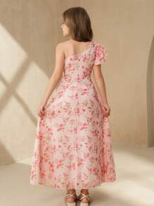 SHEIN Vestido de fiesta con estampado floral de manga corta elegante para niña preadolescente - Rosa - Ver 2