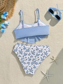 Conjunto de bikini con volantes y estampado floral diminuto para adolescentes