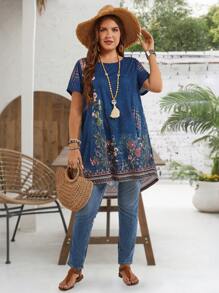 EMERY ROSE Blusa casual con cuello redondo y manga corta, con estampado floral, para uso diario, atuendos de verano para mujer/verano, ropa de mujer para vacaciones tropicales