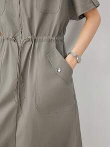 Dazy-Less Vestido sencillo y holgado de largo medio con bolsillo grande, cintura con cordón y estilo casual y elegante para mujeres como vestido de verano