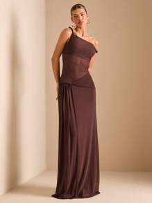 SHEIN BAE Đầm Maxi Lưới Xoắn Ruy Băng Bất Đối Xứng Vai Xiên Cho Kỳ Nghỉ Biển Mùa Hè Dành Cho Nữ - màu nâu - Xem 6