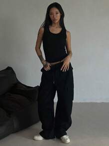 DAZY Pantalones sueltos, casuales y simples con bolsillo y nudo delantero de unicolor para mujer, para otoño - Negro - Ver 4