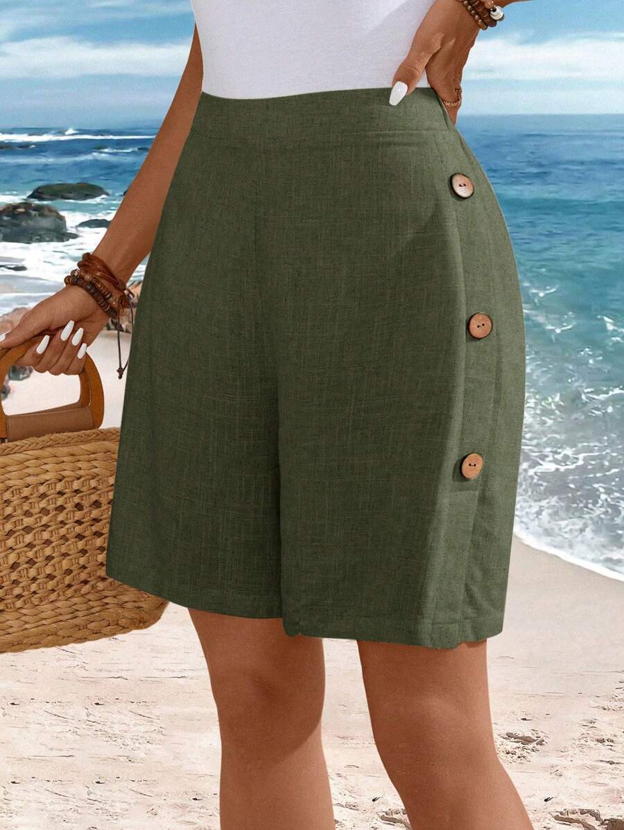 EMERY ROSE Plus Size Button Decor Minimalist Casual Shorts, Suitable For Commuting & Everyday Wear Spring Vacation Linen - Army Green - View 1
