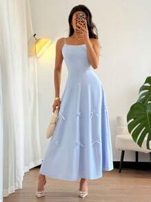 Chiquease 女式法式蝴蝶结吊带中长连衣裙 女式蝴蝶结 A 字形蓝色连衣裙 - 藍色 - 查看 7