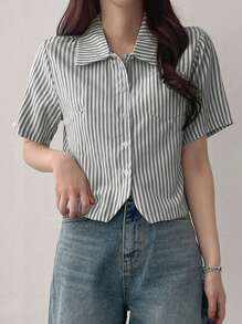 DAZY Women's Striped Collar Short Sleeve Cropped Casual Shirt, Green, Spring/Summer - Black - View 2