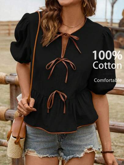 SHEIN LUNE Women's Casual Puff Sleeve Contrast Color Bowknot Short Sleeve Blouse, Spring/Summer Daily Basic Top