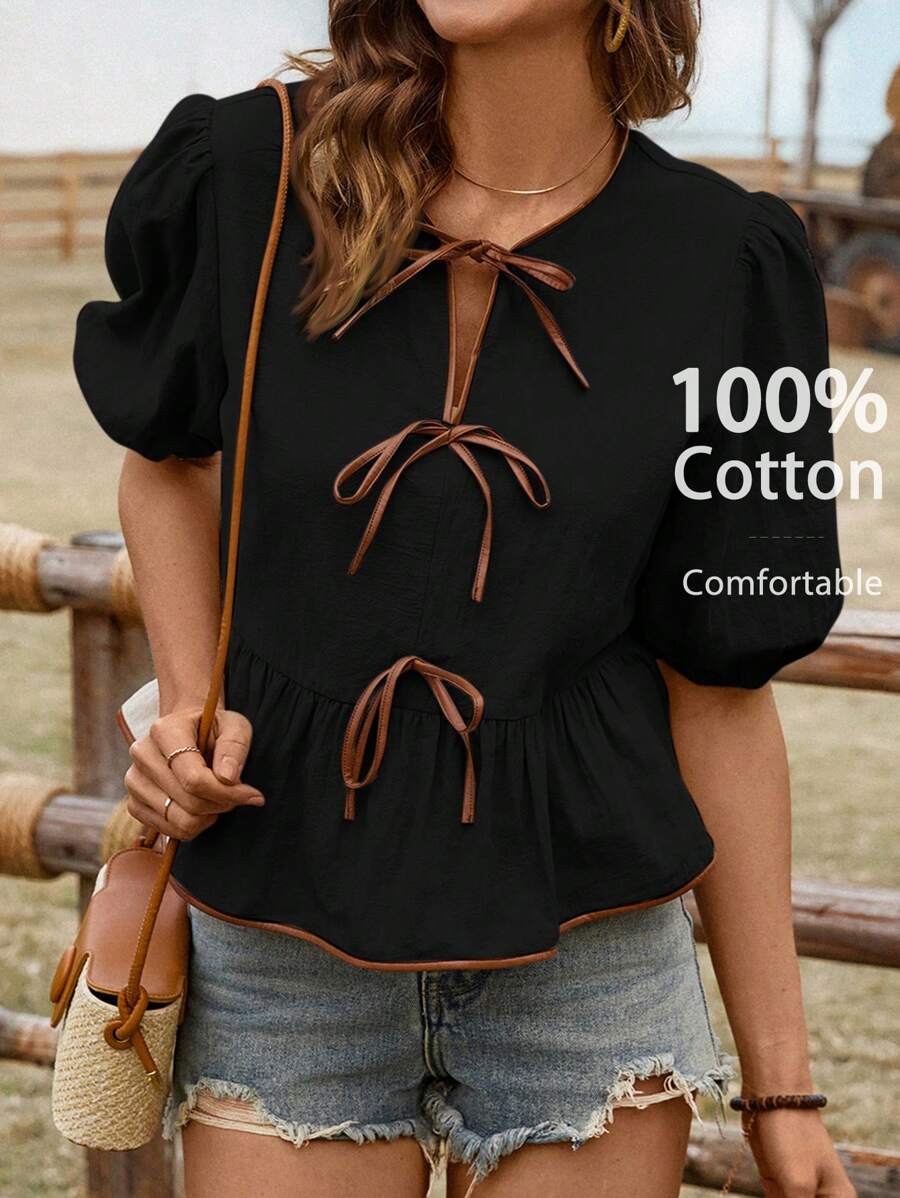 SHEIN LUNE Women's Casual Puff Sleeve Contrast Color Bowknot Short Sleeve Blouse, Spring/Summer Daily Basic Top - Black - View 1