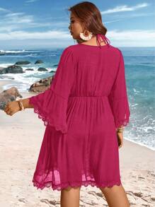 Swim Lushoire V-Neck Lace Patchwork Bell Sleeve Loose Plus Size Cover Up Dress For Summer Beach Vacation - Hot Pink - View 2