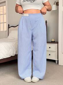 SHEIN EZwear Quần ống đứng cạp giữa không đối xứng có dây rút cỡ lớn, mùa thu/đông - Xanh và trắng - Xem 3