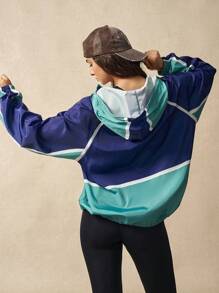 VARSIVA Contrast Color Drawstring Zipper Front Hooded Loose Casual Women Outdoor Jackets