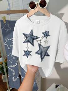 SHEIN 2 件套青少年女孩酷女孩星星印花休闲简约短袖上衣和裤子套装，适合夏季 - 彩色 - 查看 4