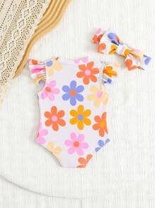 Newborn Baby Girls' Ruffled Floral Print One-Piece Swimsuit With Attached Cover-Up Set For Beach Holiday - Multicolor - View 2