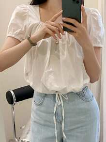 DAZY 休闲方领抽绳下摆女式衬衫夏季 - 白色 - 查看 3