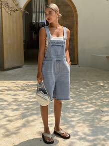 Livesso Women's Distressed Solid Color Casual Denim Bib Overalls, Summer - Blue - View 3