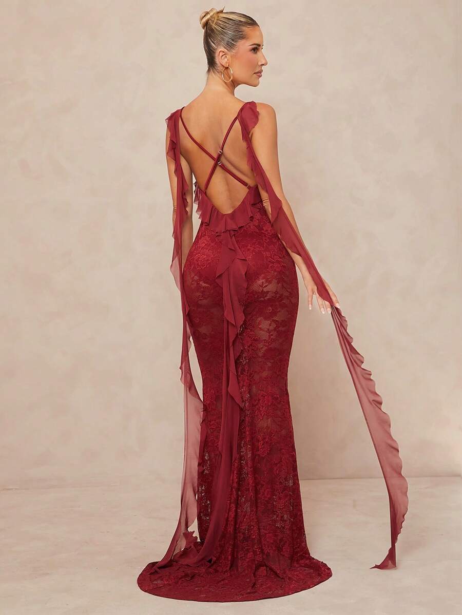 Lumalex Outing Summer Swimsuit Swimwear Swim Vacation Easter Bohemian BOHO Sea Beach Hot Outdoor Richly Layered Wedding Season Banquet Coming Of Age Ceremony Beach Seaside Women's Lace Low-Cut Spaghetti Strap Ruffle Hem Cross Back Mermaid Dress With Train Prom Dresses For Woman Women Formal Prom Dresses For Women - Red Violet - View 1