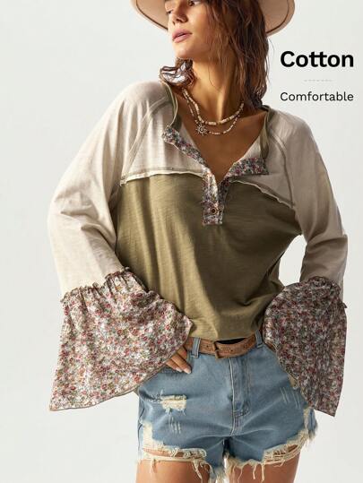 Bohemela 女式针织拼色宽松半开前开襟长袖上衣