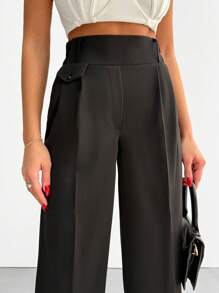 EURMUSE Women Solid Color Button Detailed Wide Leg Pants - Black - View 4