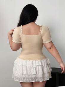 Vibekara Camiseta de talla grande para mujer con cuello de lazo, dobladillo de seta y mangas de burbuja