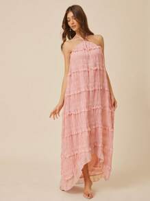 L'Amorae Vestido longo fluido, elegante, rosa pastel, com decote halter, bainha alta e baixa, detalhe de glitter, costas nuas, roupas de verão para mulheres, vestido para convidada de casamento para mulheres, roupas de praia para mulheres, roupas para brunch para mulheres, dia das mães - Rosa Empoeirado - Ver 5