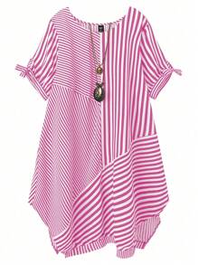 SHEIN LUNE Robe vintage élégante de style décontracté de villégiature pour femme, polyvalente, à encolure ronde, avec empiècement rayé, nœud et ourlet asymétrique. Motif rayures et fleurs en noir et blanc. Tailles plus. Printemps/été/automne - Rose vif - Voir 1