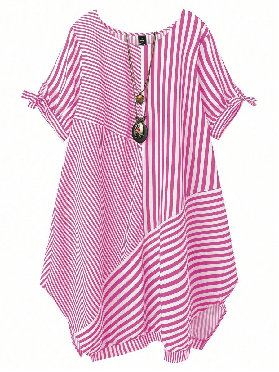 SHEIN LUNE Robe vintage élégante de style décontracté de villégiature pour femme, polyvalente, à encolure ronde, avec empiècement rayé, nœud et ourlet asymétrique. Motif rayures et fleurs en noir et blanc. Tailles plus. Printemps/été/automne - Rose vif - Voir 1