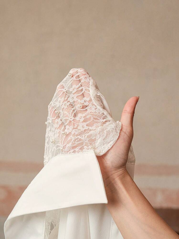 Women Lace Splice Handmade Beaded Long Sleeve Elegant Shirt, Suitable For Spring, Festivals, Casual, Vacation, Elegant