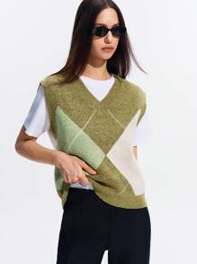 LYSMO Chaleco de punto con escote en V, casual, con patrón de diamantes estilo universitario para mujeres