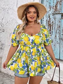 SHEIN CURVE+ 大码柠檬印花灯笼袖心形领衬衫 女士度假服装 女士夏季服装 女士沙滩服装 夏季上衣 女士春季服装 海滩度假服装 热带、曲线加大码、波西米亚风度假 女士海滩服装/海滩/海滩度假服装/海滩必需品/毕业典礼/茶会