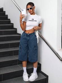 SHEIN ICON Women's Casual Dark Wash Denim Bermuda Shorts With Zipper Details And Cargo Pockets