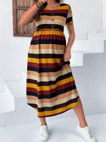 SHEIN Maternity Summer Casual Striped High Waist Hem Curved Mid-Length Dress