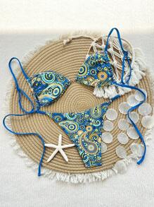 Swim Vcay 女士两件套珍珠纽扣装饰高开叉比基尼套装，适合海滩度假、夏季服装 - 彩色 - 查看 2