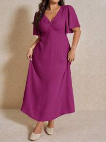 Elaquor Plus Size Casual Elegant V-Neck Cinched Waist A-Line Dress, Vacation,Summer Outfits For Women - Hot Pink - View 4