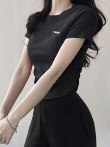 DAZY Áo thun nữ tay ngắn in chữ mùa hè, áo crop top nữ - Màu xám đen - Xem 2