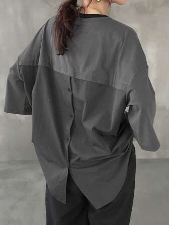 FRIFUL Damska koszulka jednorzędowa z odkrytymi plecami i luźnym krojem, z długim rękawem i długim rękawem na lato