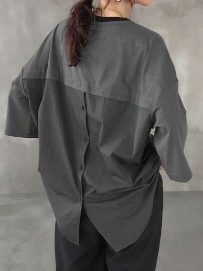 FRIFUL Women Fabric Splice Backless Single-Breasted Loose Fit T-Shirt, Summer