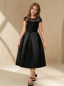 SHEIN Tween Girls' Elegant Solid Color Lace Patchwork Party Dress - Black - View 5