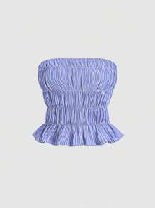 Sweetra 2pcs Set Women Casual Striped Strapless Top + Wide Leg Pants, Relaxed Feeling, Slim-Fit, Spring - Blue - View 6