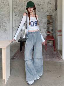 DAZY 女士休闲水洗侧条纹宽松阔腿牛仔裤秋冬