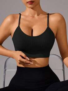 Gameset SHEIN Sport 女士简约纯色吊带运动胸罩，适合日常休闲穿着 - 黑色 - 查看 4
