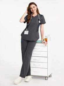 TaskEZ 短袖上衣和长裤手术服套装女夏季上衣职业装女套装女式手术服套装工作服女套装女式办公室服装 - 灰色 - 查看 1