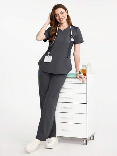 TaskEZ Short Sleeve Top And Long Pants Scrub Uniform Set Women Summer Tops Professional Clothes Women Sets Scrubs For Women Set Work Clothes Women Set Office Clothes For Women